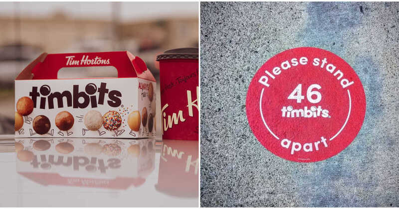 This is a picture consisting of two images; a picture of a Tim Horton's box labeled "timbits", and a picture of a sticker on the ground  which says "please stand 46 timbits apart".