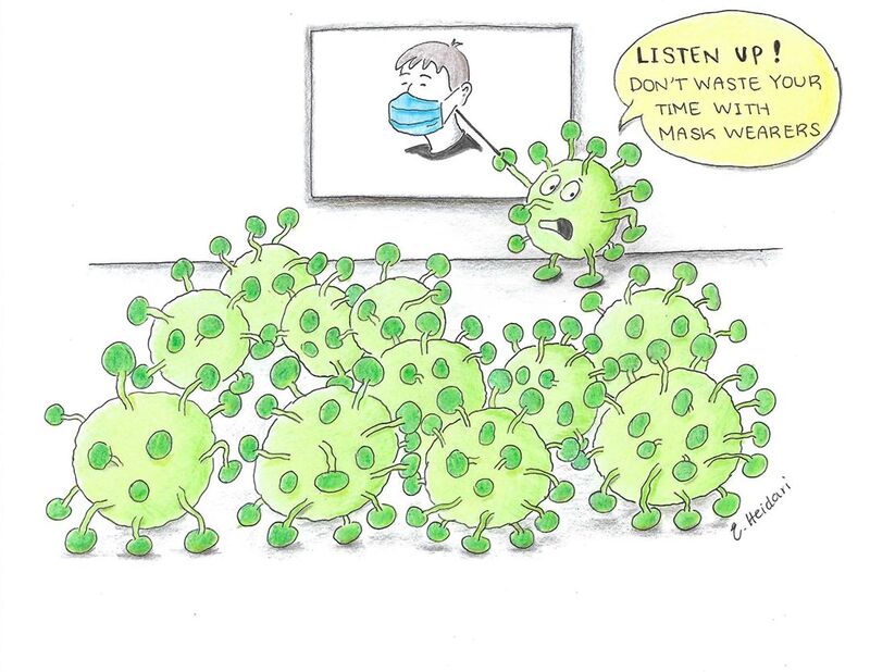 A political cartoon featuring COVID-19 viruses. 