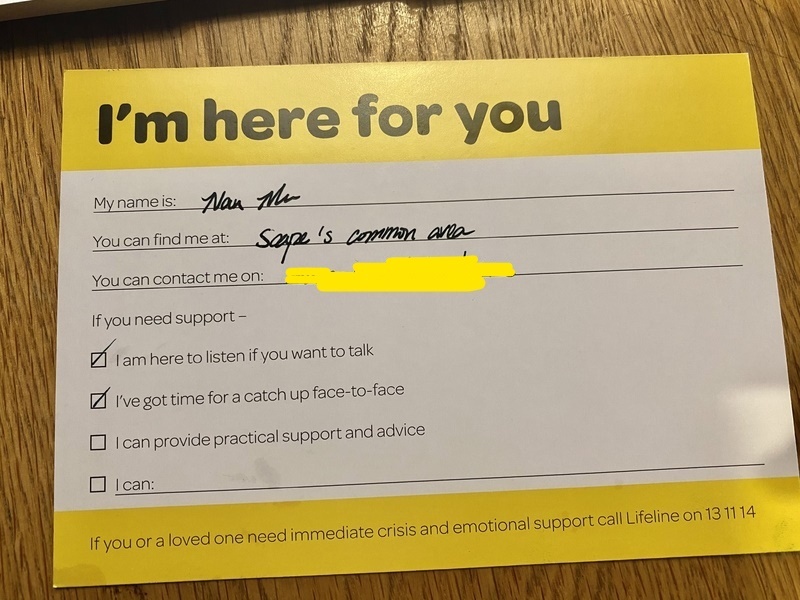 A picture of a card someone filled out in order to volunteer their time to talk to someone who might be having a hard time. 