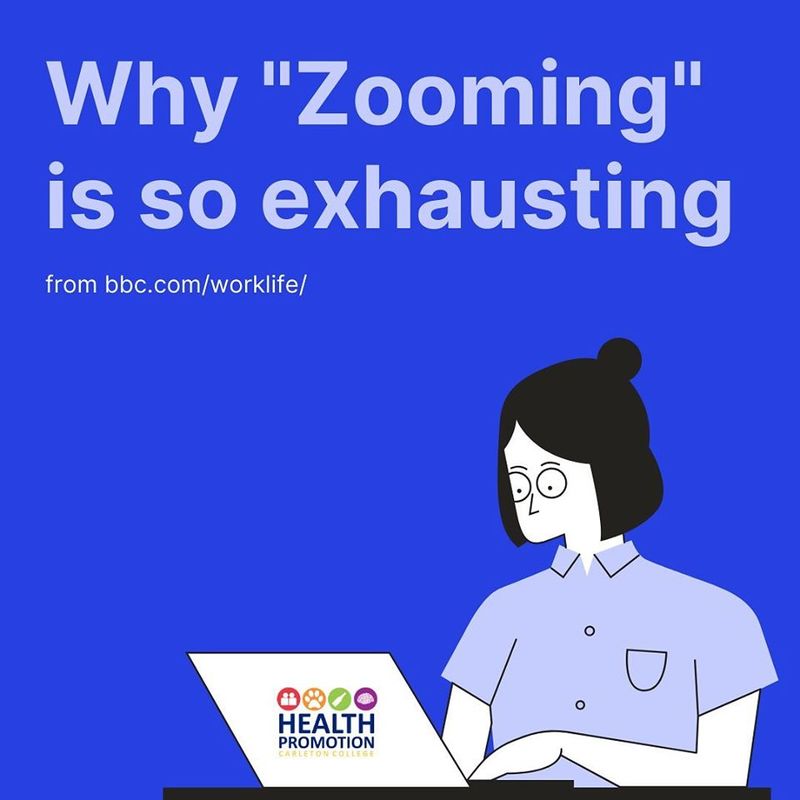 Woman working on a computer. Text banner saying Why "Zooming" is so Exhausting.