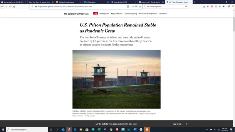 A news article titled "U.S. prison population remained stable as pandemic grew."