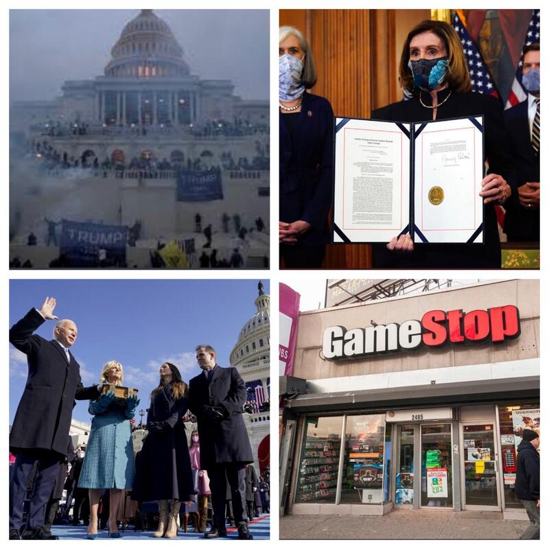 This is a collage of pictures which relate to various notable events during the COVID-19 Pandemic: the inauguration of Joe Biden, The Capital Riots, and the impeachment proceedings against President Donald Trump. There is also a picture of a Gamestop building in the collage. 