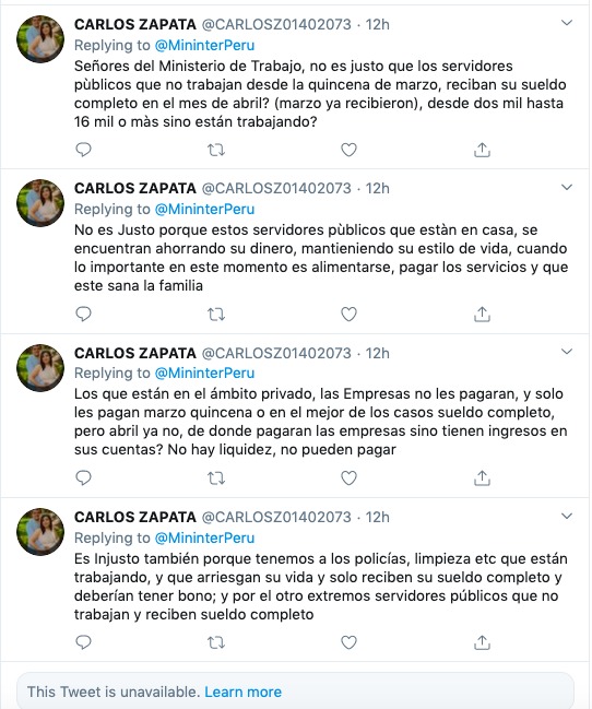 A Twitter screenshot of  Carlos Zapata responding to mininterperu. 