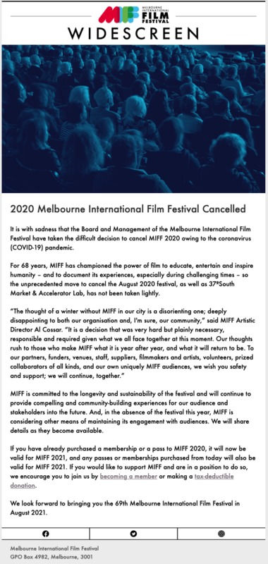 A screenshot with information about the 2020 Melbourne International Screen Festival being cancelled. 