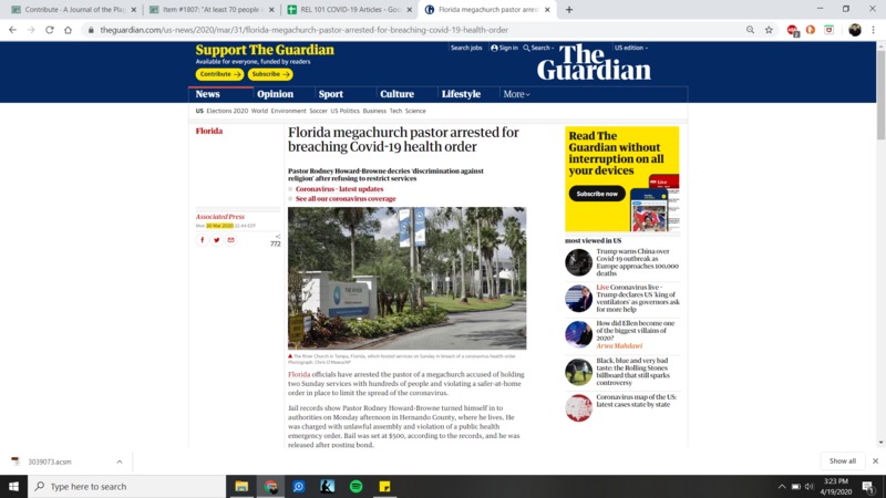 An article about a pastor being arrested from theguardian.com.