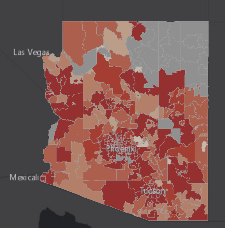 This is a picture of a map of Arizona, which seems to be showing a distribution of some kind via county maps. 