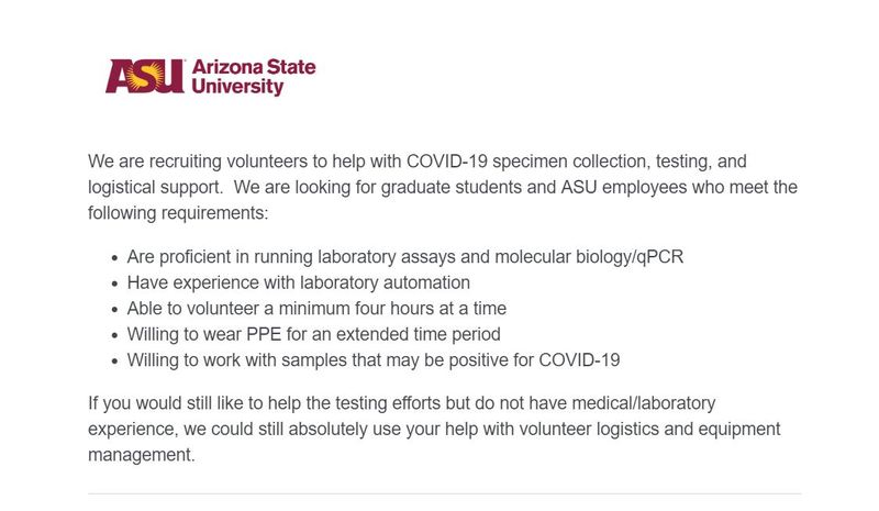 A screenshot of an email sent out by Arizona State University. 