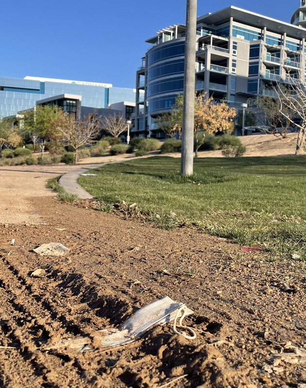 This is a picture taken of a discarded face mask that has been left in the dirt. The setting for this photo appears to be some kind of park with a greenbelt, and buildings in the background. 