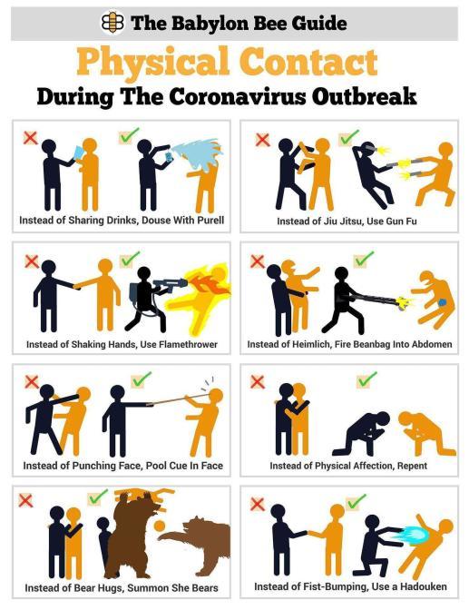 A guide on how to reduce physical contact. Among these methods are: instead of shaking hands, using a flamethrower, instead of bear-hugs, summoning she bears, etc. 