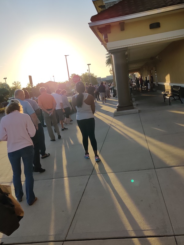 A long line of people are waiting outside of a grocery store. 