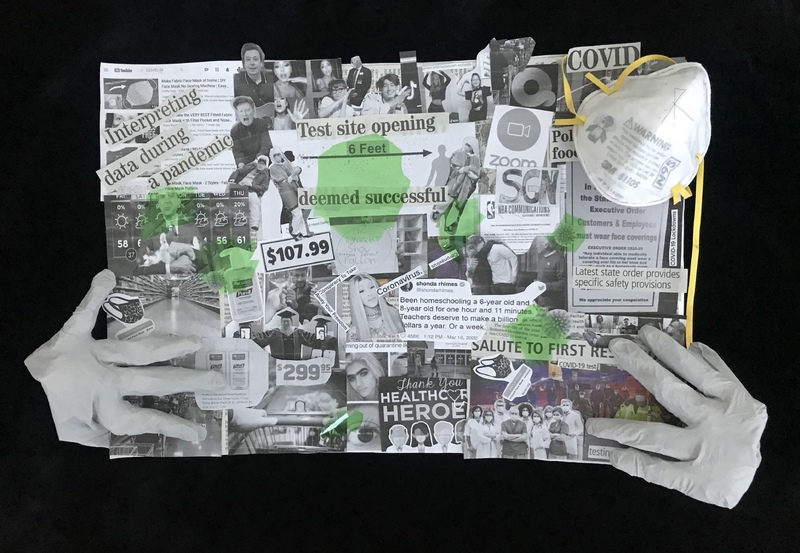 Collage of newspaper clippings about COVID-19, popular events and people during the pandemic. There are white sterile gloves holding the bottom left and right corners, and an N-95 mask in the top right corner. 