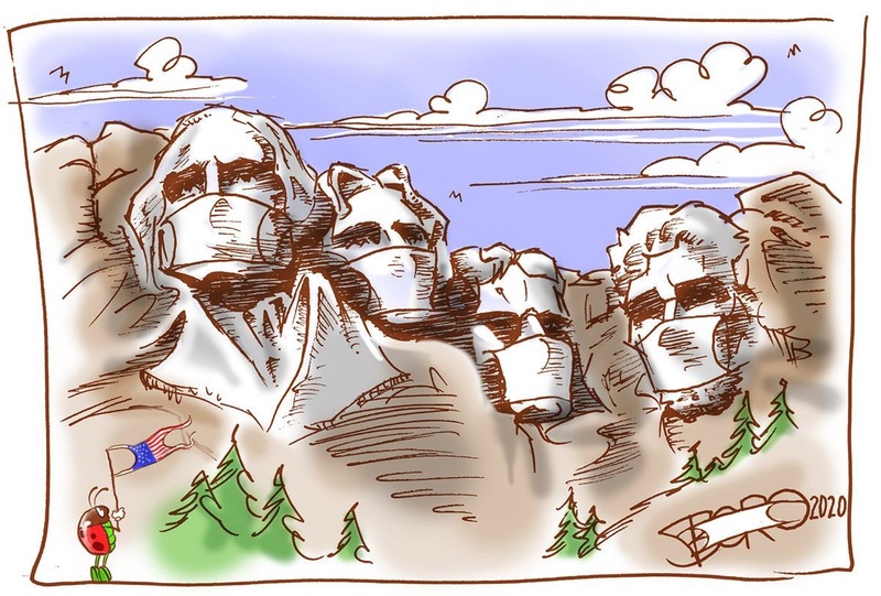 A drawn cartoon of Mount Rushmore with face masks. 