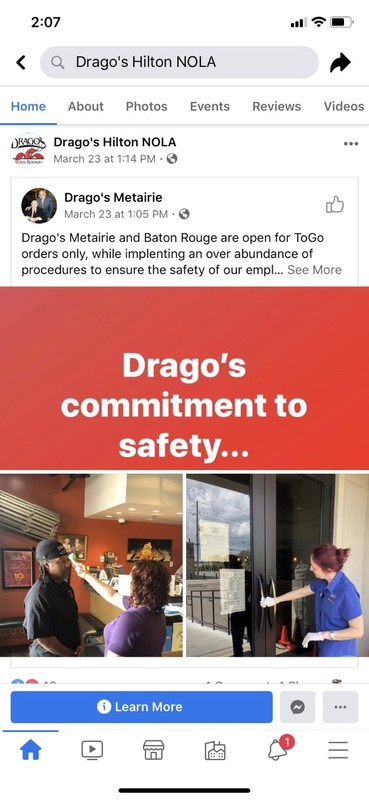A screenshot of a Facebook post made by Drago's Metairie. 