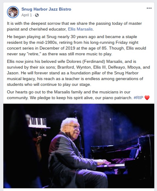 a screenshot of a Facebook post about a Jazz musician passing away
