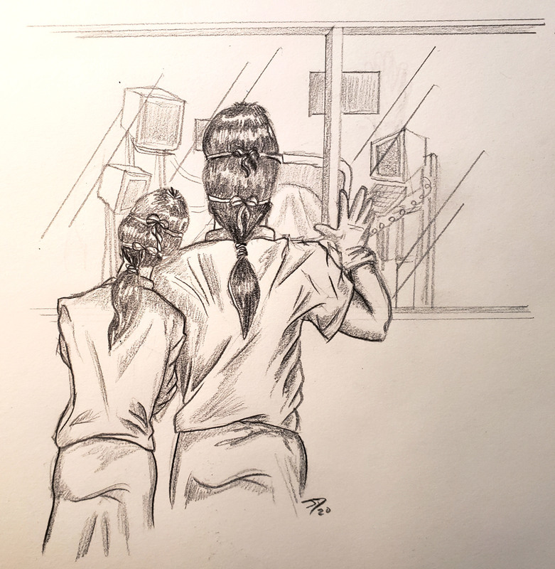Drawing of two people looking into a hospital window that has an unseen person hooked up to machines in it. 