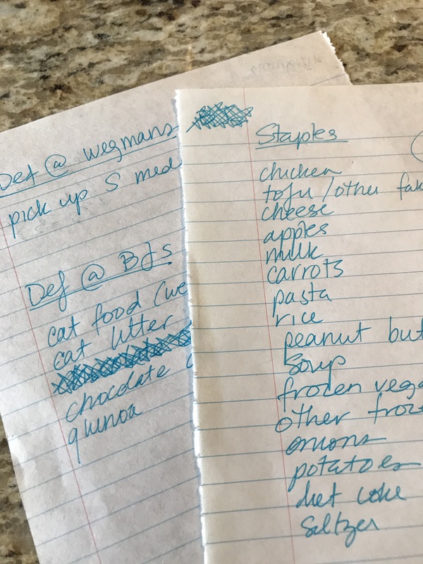 Two pieces of notebook paper with lists written on it about grocery and household essentials. 