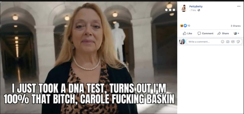A screenshot of a meme on Facebook that says: "I just took a DNA test, turns out I'm 100% that bitch, Carole Fucking Baskin."