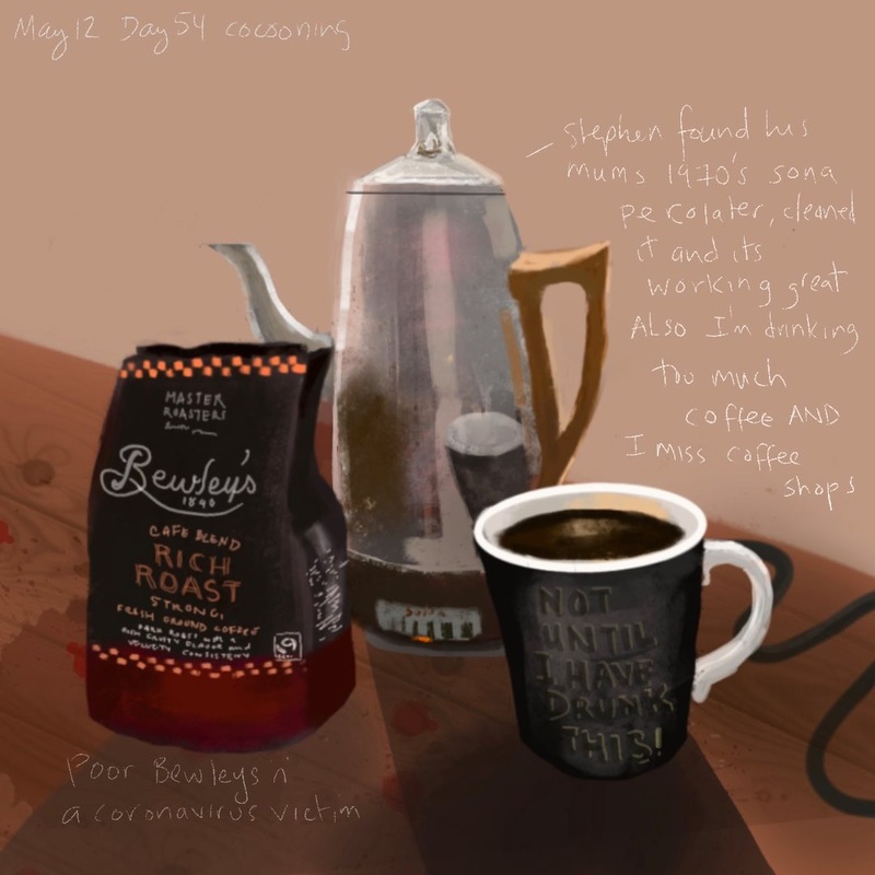 a digitally painted image of a coffee cup, bag of coffee and a metal stove top coffee maker