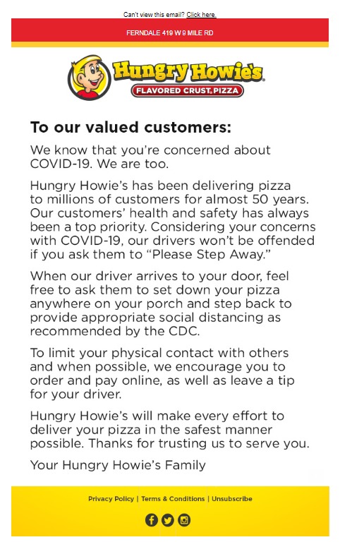 A screenshot of an email that was sent out to patrons of Hungry Howie's. 