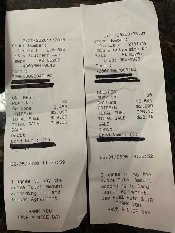 Two receipts from a gas station to compare gas prices before and after quarantine. 