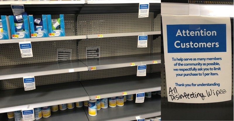 Two images, one of a mostly empty grocery store shelf. The other is a sign which reads attention customers to help serve as many members of the community as possible, we respectfully ask you to limit your purchase to one per item, all disinfecting wipes.