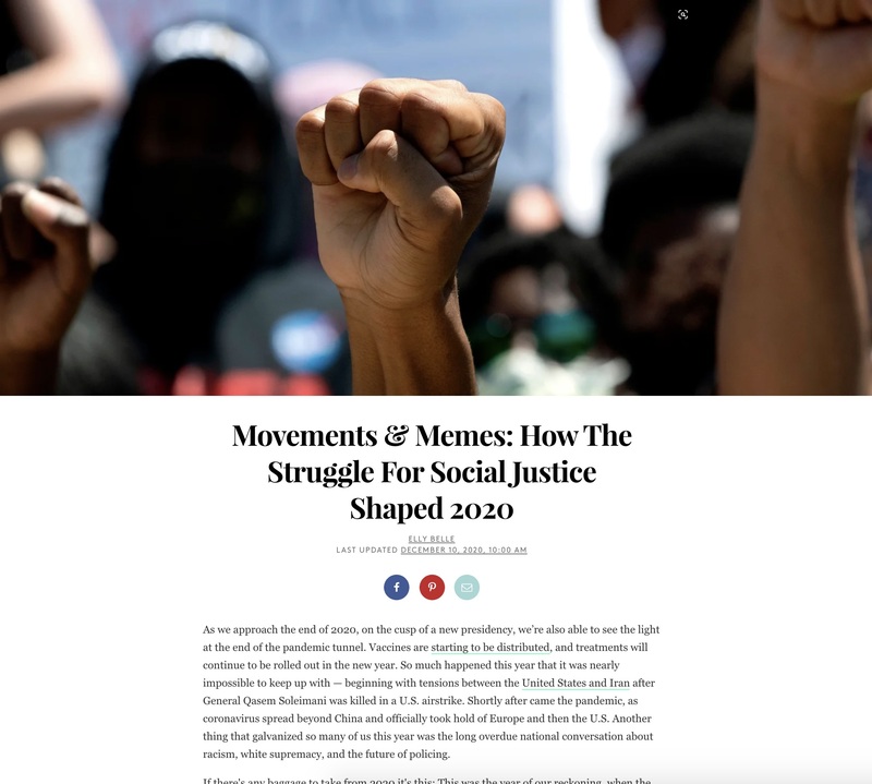 Screenshot of webpage article with title, "Movements & Memes: How the Struggle for Social Justice Shaped 2020".
