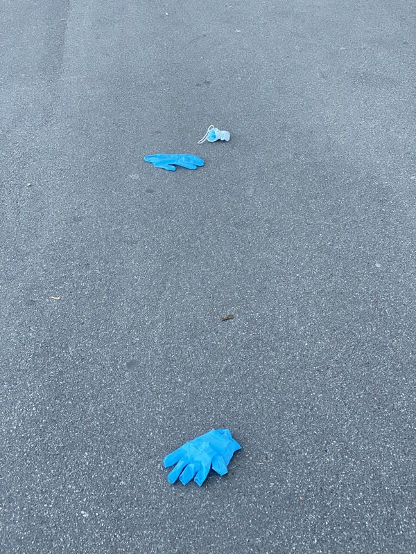 Two gloves and one mask on the ground. 