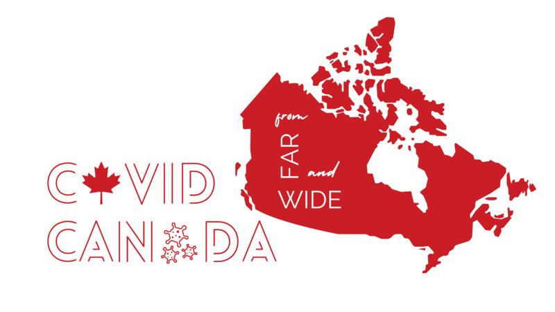 This is a picture of a red graphic, which consists of a map of Canada and the words "COVID Canada: From Far and Wide" printed near it. 