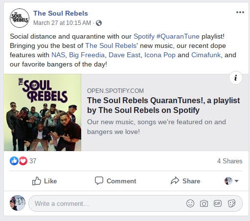 A Facebook screenshot of a post made by The Soul Rebels. 
