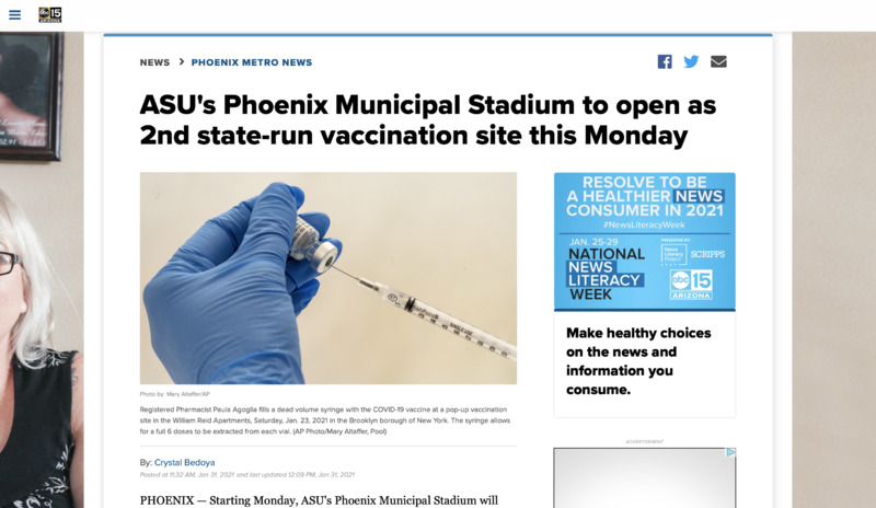 Screenshot of new website.  Headline reads, "ASU's Phoenix Musical Stadium to open as 2nd state-run vaccination site this Monday". 