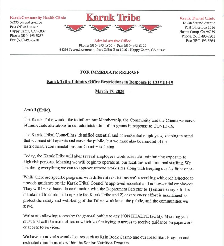 Announcement from Karuk Tribe.