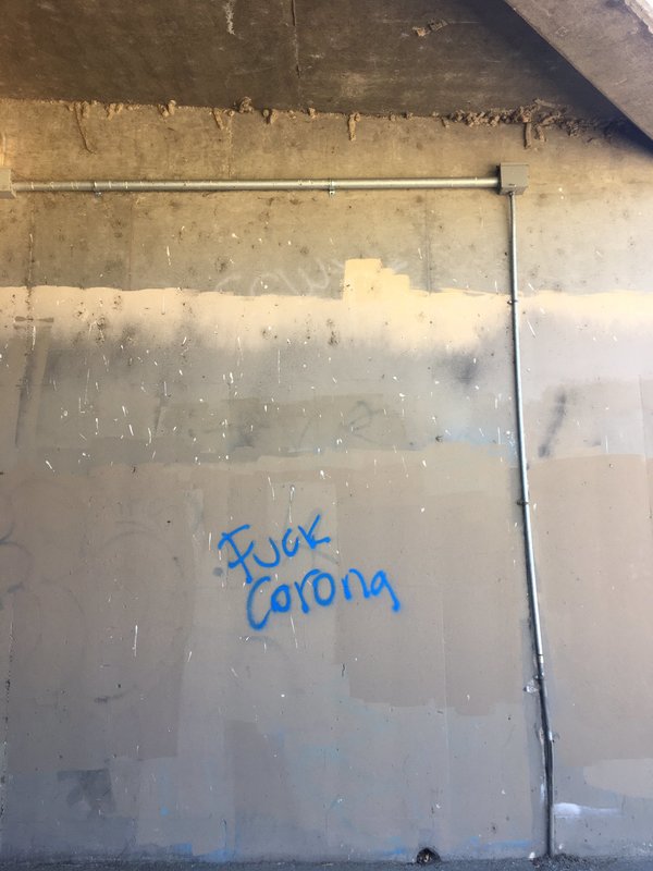 On a beige wall has the words "fuck corona" spray painted on it with blue spray paint. 