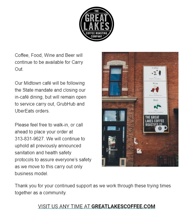 Screenshot of an email sent to patrons of The Great Lakes Coffee Roasting Company. 