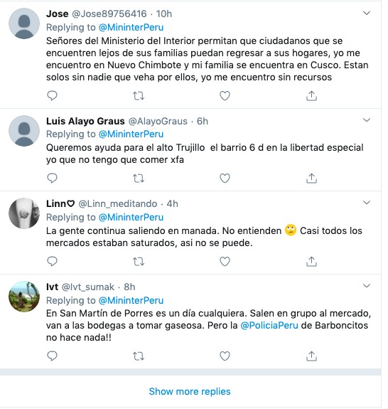 A Twitter screenshot of multiple posts in Spanish by people responding to MininterPeru. 