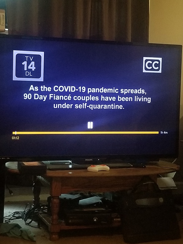 A social distancing announcement on a tv show. 