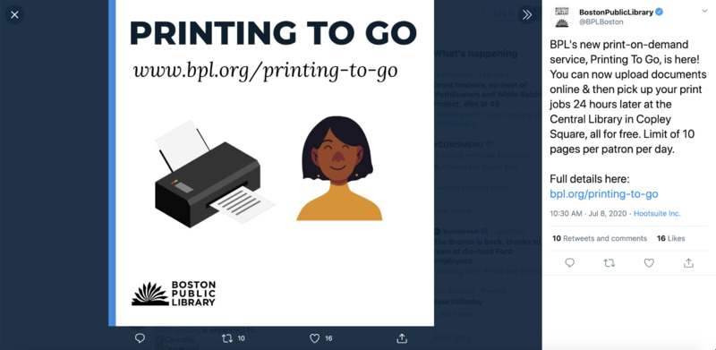 Screenshot of a Twitter post about free Printing To Go at the Boston Public Library.