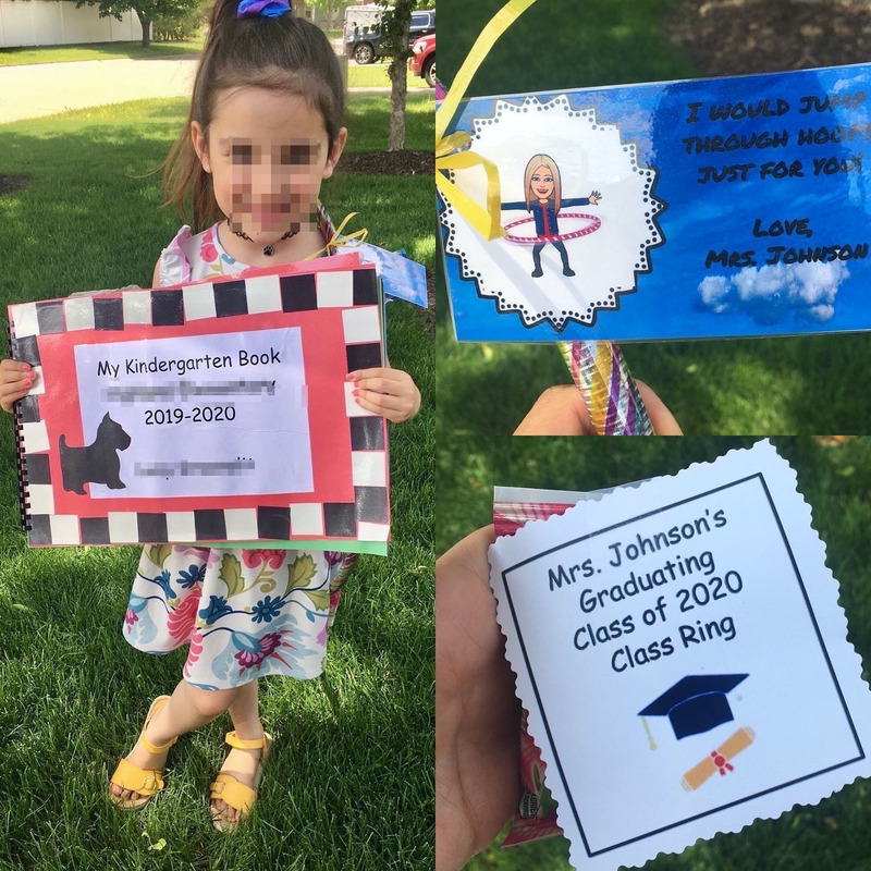A series of pictures of a young girl who is graduating kindergarten. Her face is blurred. 