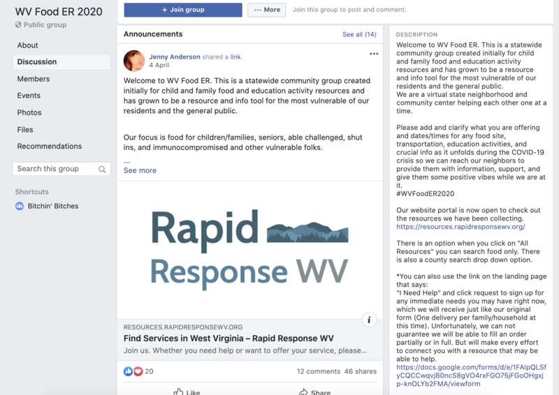 Screenshot of Facebook group page "WV Food ER 2020" showing the post about "Find Services in West Virginia - Rapid Response WV" 
