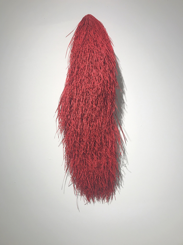 This is a picture of a mass of bight red, fluffy, stringy material which resembles a tassel or pom pom that is hanging on a wall.