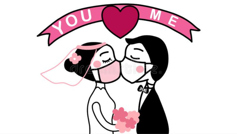 Cartoon of bride and groom kissing with masks on.  Pink banner above their heads reads, "you [heart] me".