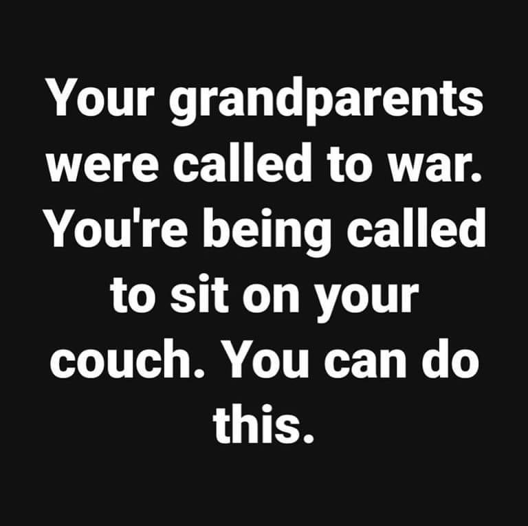A meme that says: Your grandparents were called to war. You're being called to sit on your couch. You can do this.