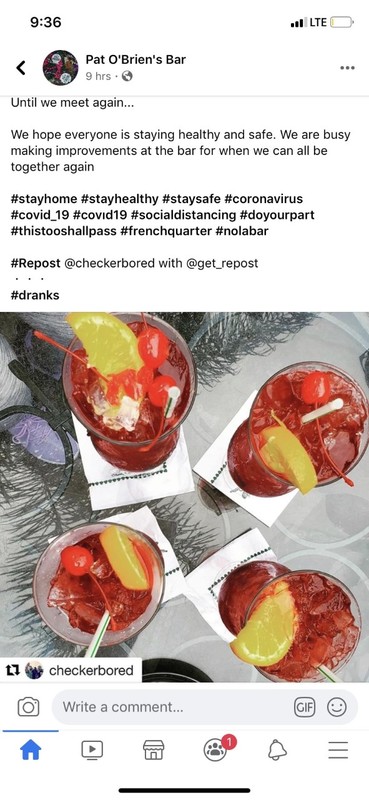 A screenshot from a Facebook post made by Pat O'Brien's Bar, located in New Orleans. 