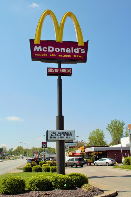 A McDonalds Sign reading "First Responders and Healthcare Workers Enjoy a Free Meal".