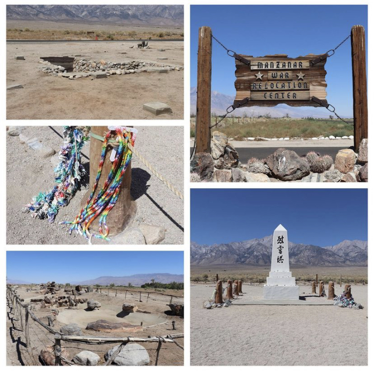 This is a series of pictures of memorials set up on the site of Manzanar Internment Camp. 