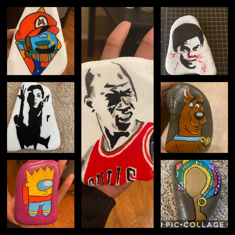 This is a picture of a collage of several different painted rocks resembling fictional characters such as Scooby Doo, Bart Simpson, and Mario. 