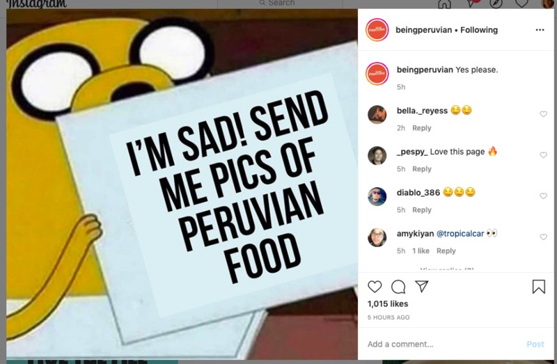 Adventure Time dog holding a meme sign with text, "I'M SAD! SEND ME PICS OF PERUVIAN FOOD" To the right is the comment section about the meme posted by @beingperuvian.