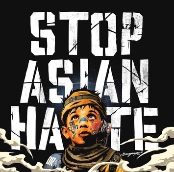 This is a picture of a piece of artwork that represents a young Asian boy looking up at a a series of words. The words above him read "Stop Asian hate". The word "Coexist" is painted on the boys cheek. 