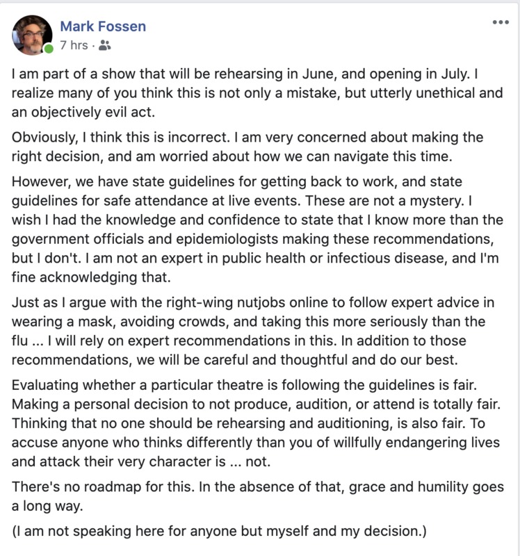 Screenshot of a facebook post discussing an actors decision to return to shows and rehearsals.