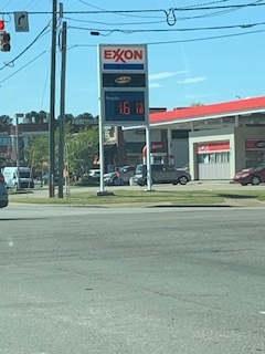 Image of a gas station sign during the pandemic. The price reads $1.61.