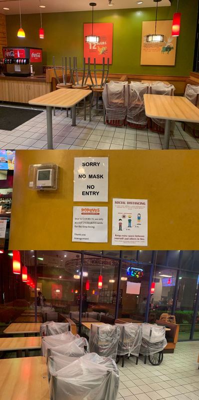 A collage of a Popeye's restaurant following COVID guidelines. Chairs are pushed against the wall, covered in plastic, or are placed upside down on top of tables. There are three pieces of paper placed on a wall. One says, " Sorry, No Mask No Entry." Another refers to the restaurant only accepting debit cards and credit cards. The third paper covers social distancing guidelines.